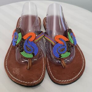 Beaded Sandal Womens 40 (8.5) Boho Hippie Festival Leather Flip Flop Slip On